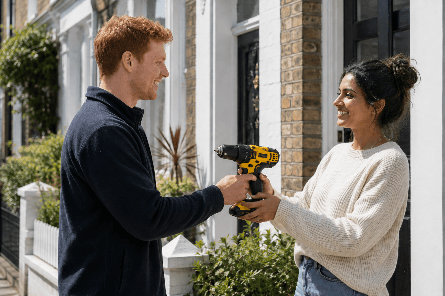 A neighbour handing over a power drill to another neighbour outside on their street